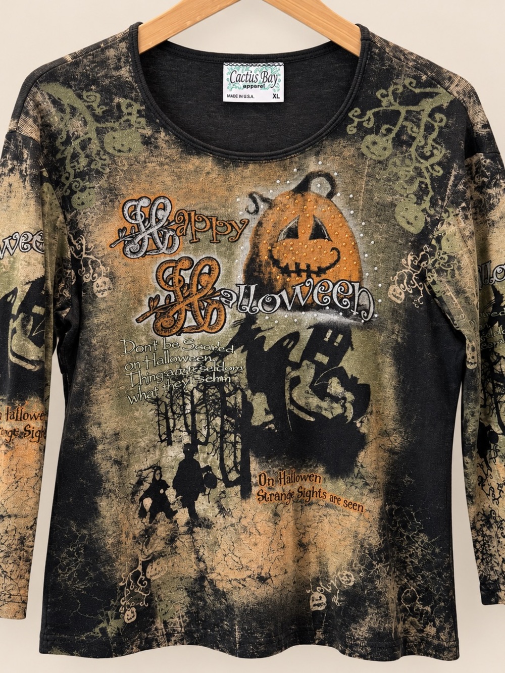 Vintage Y2K Cactus Bay Happy Halloween Rhinestone Graphic Top XL USA